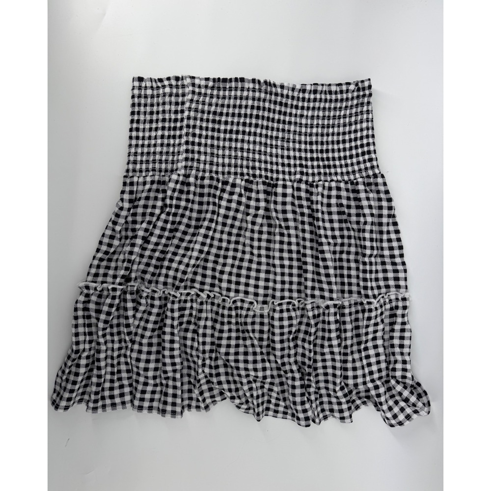 Hippie Rose Gingham Smocked Tiered Mini Skirt Black White Small